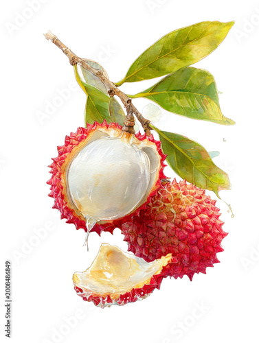 Fresh lychee fruit illustration with green leaves on grey background