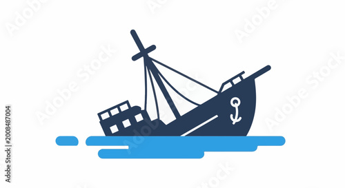 A stylized illustration of a sinking ship with an anchor emblem on its side