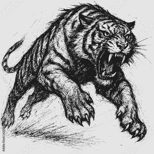 Beautiful black and white roaring tiger illustration on white background