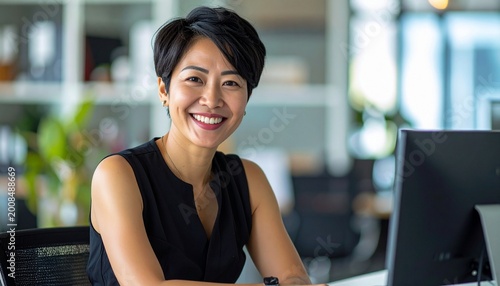 a smiling asiatic woman wearing a black dress sitting at the desk in the office	