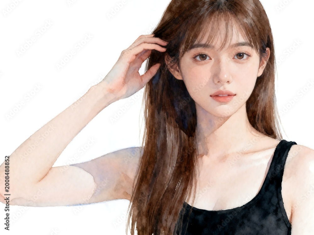 Fototapeta premium Watercolor Portrait of Young Asian Woman