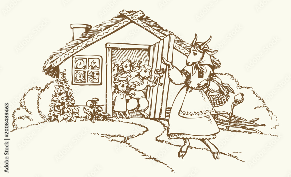 Obraz premium A goat and kids in a house. Vector illustration