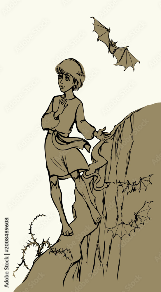 Naklejka premium Vector drawing. Young boy going through dangerous way