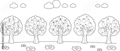 Fruit trees at the farm. Set of fruit orchard trees. Apple, pear, orange, lemon and cherry tree in the garden. Natural products in the country. Vector black and white coloring page 