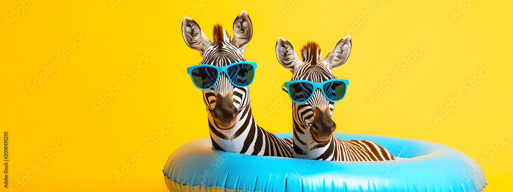 Fototapeta premium Two zebras in sunglasses with an inflatable float on a yellow background - a fun animal concept, summer fun theme