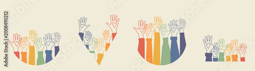Raised hands. Volunteering, teamwork concert.