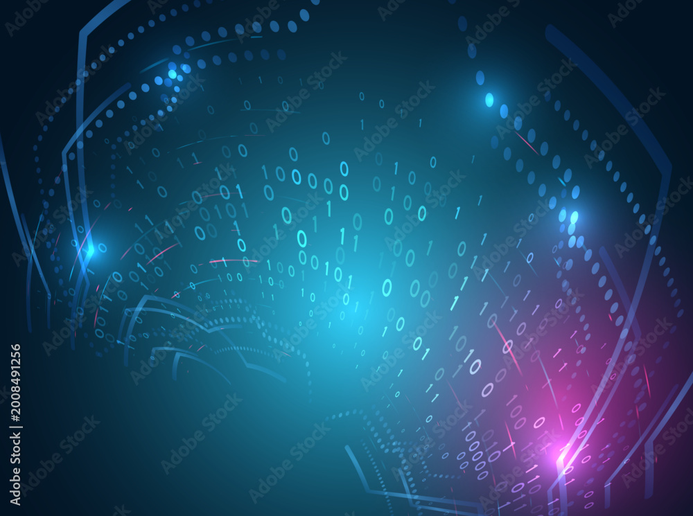 Fototapeta premium Futuristic binary data swirl with glowing digits and abstract curves, illustrating information flow, cybersecurity, and advanced digital technology systems.