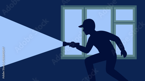 Tableau sur toile Silhouette of a burglar with a flashlight looking into a window at night