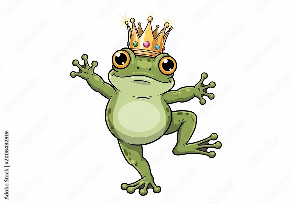 Obraz premium Whimsical Crowned Frog Dancing: Vibrant Digital Illustration