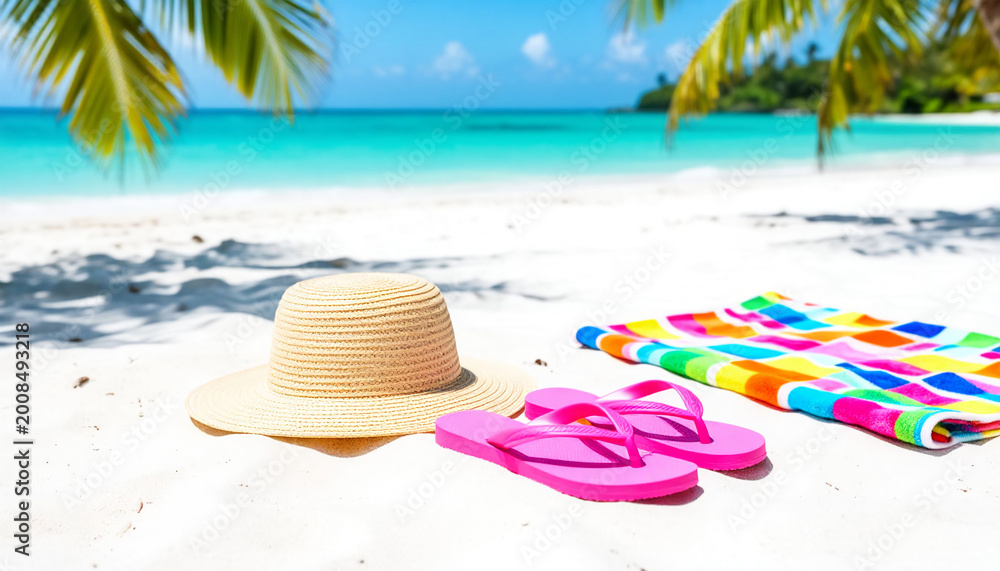 Obraz premium Hat and flip flops on white sand beach with turquoise water