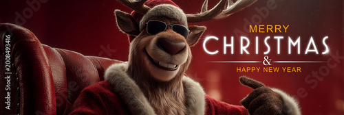 Smiling Anthropomorphic Reindeer Dressed in Santa Claus Costume Sitting on Red Armchair, Points to the Words Merry Christmas and Happy New Year on a Red Background with Copy Space. Generative Ai.