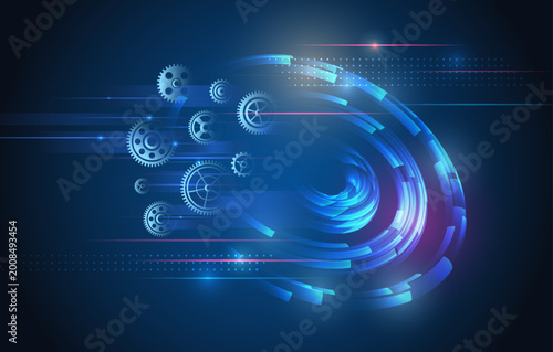Futuristic technology concept with rotating gears and dynamic digital swirl, symbolizing automation, data processing, and high-speed innovation in modern engineering systems.