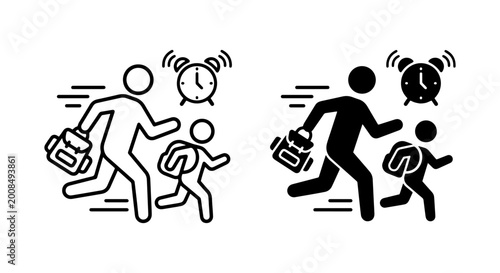 Foto School children and adults in hurry with briefcases and clocks black and white o