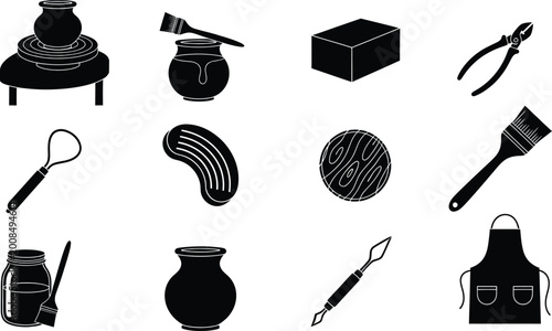 Set of black icons for pottery and ceramic art tools and equipment