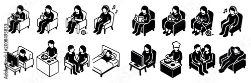Leisure icons with reading tv knitting minimal