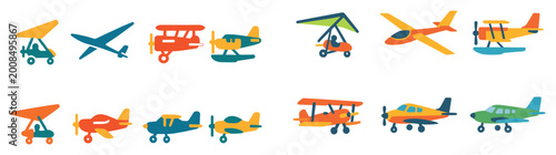 Aircraft icons with biplane seaplane glider flat