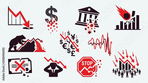 Photos Collection of icons depicting financial crisis, economic downturn, stock market crash, and recession with symbols of falling graphs, currency, and distressed people