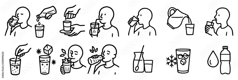 Fototapeta premium Beverage icons with cup bottle pitcher outline