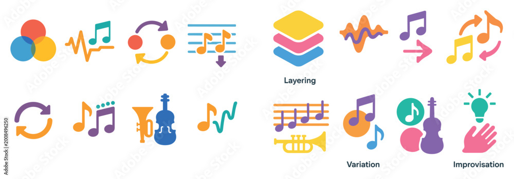 Fototapeta premium Music icons with note violin trumpet colorful