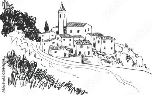 Vintage sketch illustration of a church in a village and city inspired by the Church of the Holy Sepulchre architecture