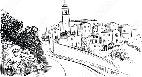 Vintage sketch of old Italian town with Church of St John the Baptist and ancient architecture