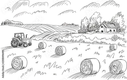 hand drawn vintage style illustration of a peaceful rural vineyard landscape with trees and a house in the morning