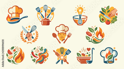 Slika na platnu Collection of chef hat and cooking icons, representing culinary arts, food preparation, and kitchen creativity