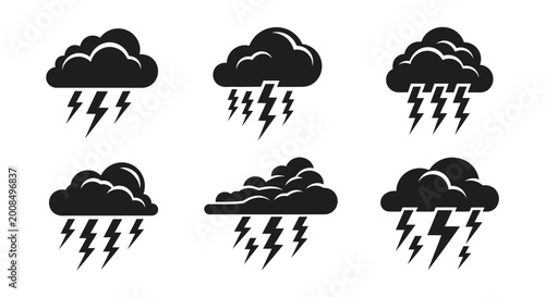 Set of Six Black Icons: Storm Clouds with Lightning Bolts, Weather Symbols