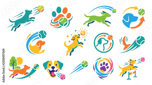 Collection of playful dog icons featuring dogs catching and playing with balls, jumping, and showing happy expressions.