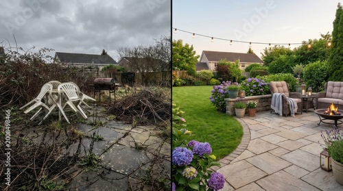Drastic before and after transformation of a neglected backyard patio into a beautiful outdoor living space
