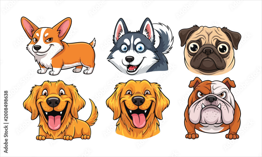 Fototapeta premium Set of adorable cartoon dogs and puppies with golden retriever tongue out white background