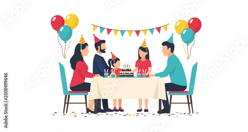 Family celebrating a birthday at a table on transparent background