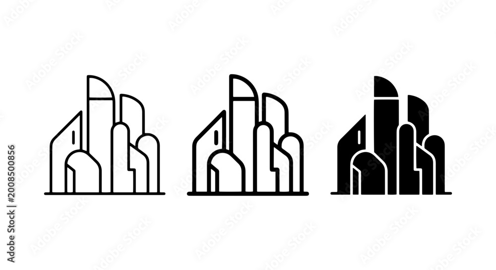 Fototapeta premium Modern Cityscape Icons, Abstract Building Graphics, Urban Skyline Vector Set
