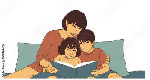 Mother reading to son family bonding illustration on transparent background