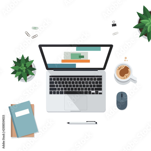 Top view of modern laptop on desk with coffee, plants, and stationery, workspace concept.