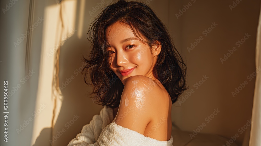 Naklejka premium Young woman is using a white cream on her shoulder and her face,Facial care for female,moisturizing cream,healthy skin,Taking good care of her skin,Skin cream concept.