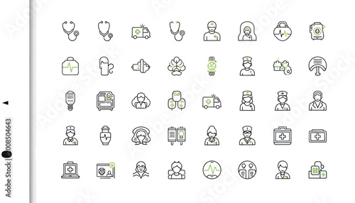 Minimalist medical icon set with 40 line vector elements, healthcare professional symbols and hospital equipment icons, clean outline medical graphics