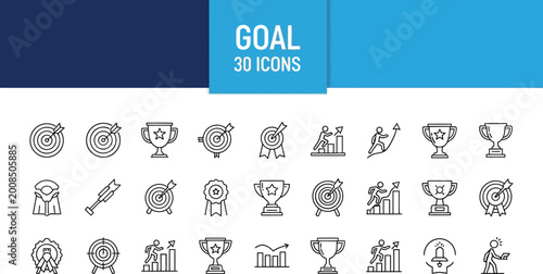 Business goal line icons set, 30 target and achievement vector symbols, success and motivation thin line pictograms for corporate strategy