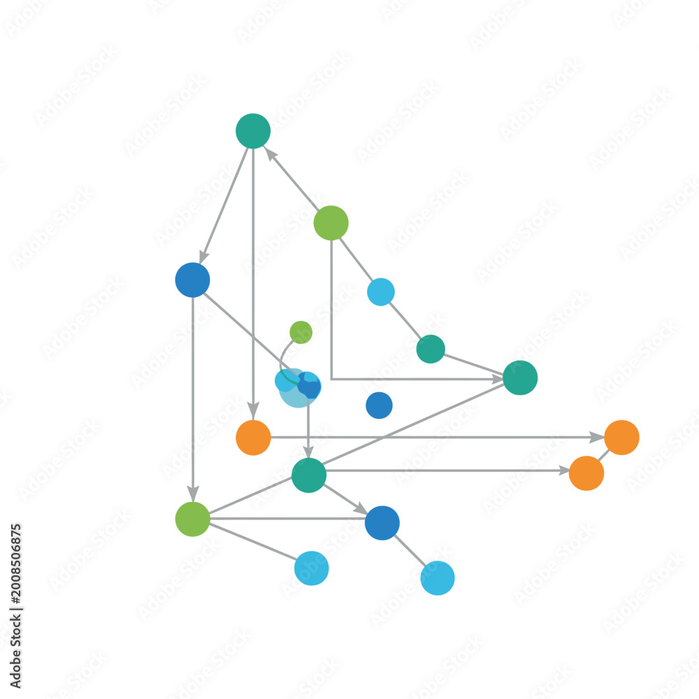Obraz premium Abstract network graph with colorful nodes and directed arrows, data flow, connections, complex structure