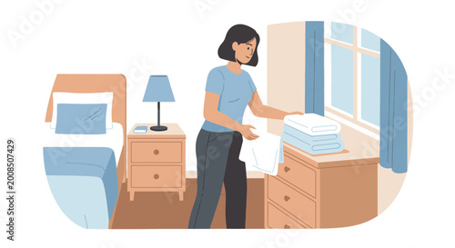 Woman folding laundry in a bedroom with furniture and sunlight illustration