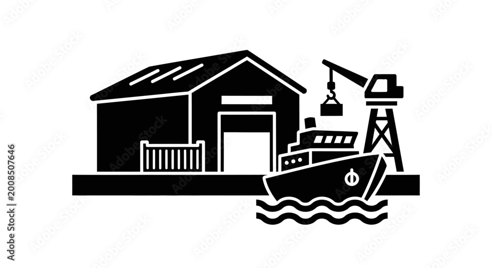 Fototapeta premium Black and white illustration of a ship dock and warehouse building