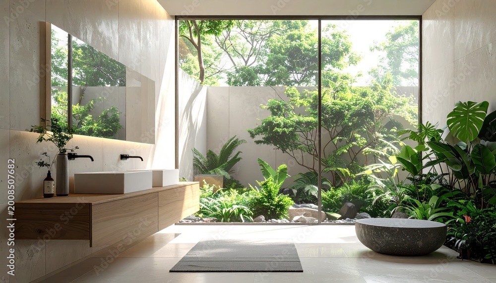 Fototapeta premium Minimalist bathroom with large window, indoor plants, a vanity, and a tub, overlooks lush green garden