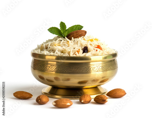 A brass bowl filled with basmati rice garnished with fresh mint leaves and almonds on white