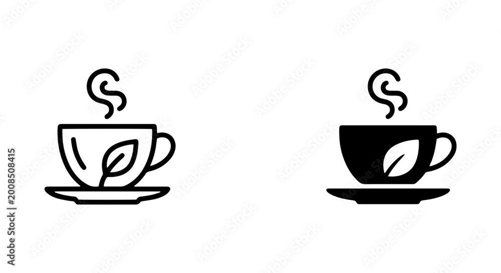 Obraz premium Hot Tea Cup Icons, Steaming Beverage Vector Set, Organic Leaf Symbol, Cafe Drink Graphics