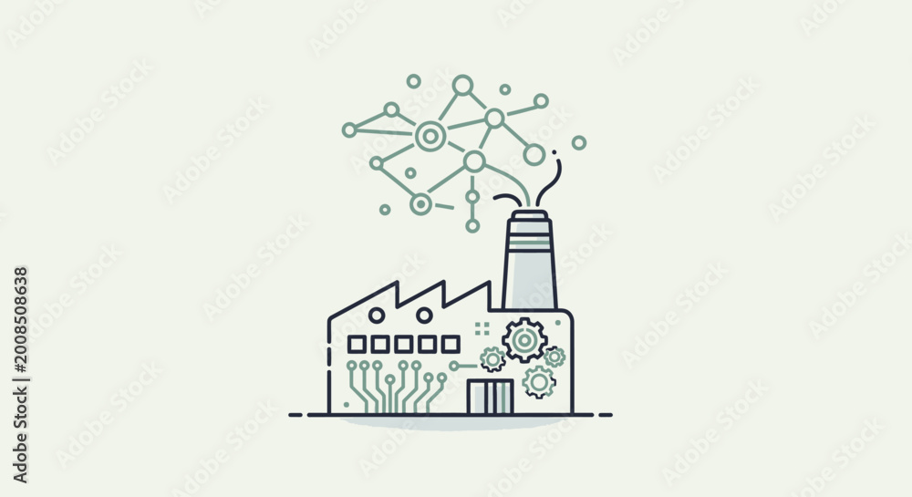 Naklejka premium Factory illustration with digital network symbolizing technology and production
