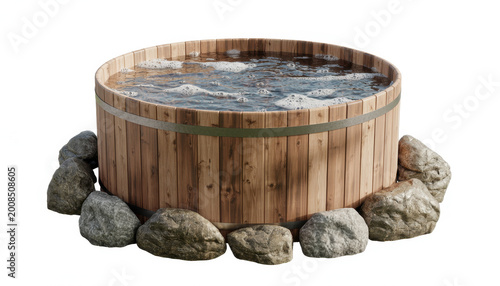 Wooden hot tub filled with steaming water surrounded by grey stones on a white background