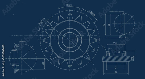 Gear blueprint engineering diagram of a mechanical cogwheel in technical design