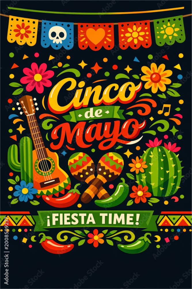 Obraz premium Festive Cinco de Mayo scene with instruments, sombrero, cactus, and colorful banners.
