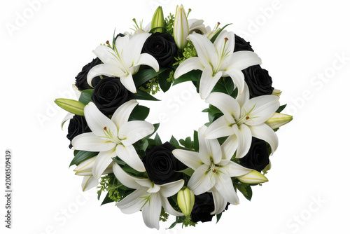 A funeral wreath made of white lily flowers and black roses arranged in a circle on white background