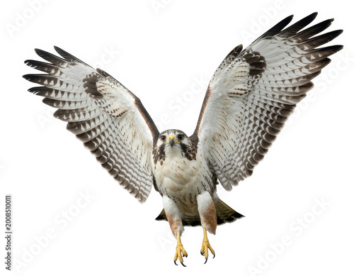 A red-tailed hawk in flight with wings spread wide isolated on a plain white background surface